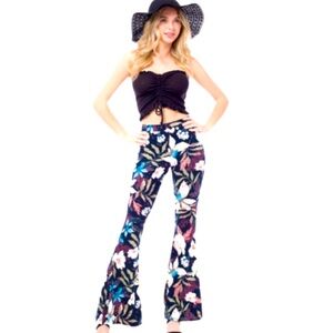 New Boutique Boho Gypsy Abstract Floral Print Stretch Flare Pants